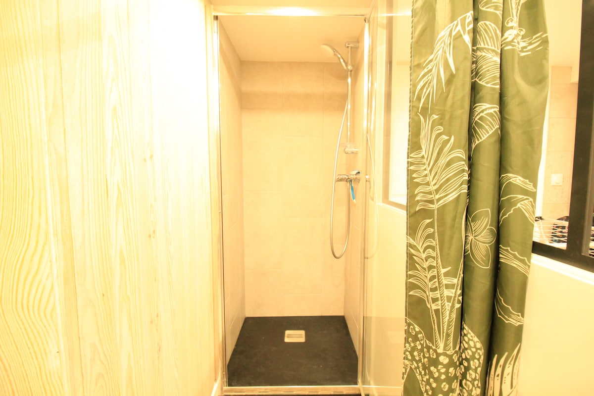 Salle de bain — Douche avec receveur noir et rideau