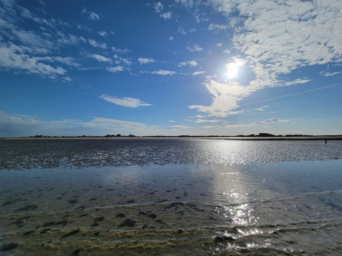 Extérieur — Plage côtière avec ciel nuageux ensoleillé
